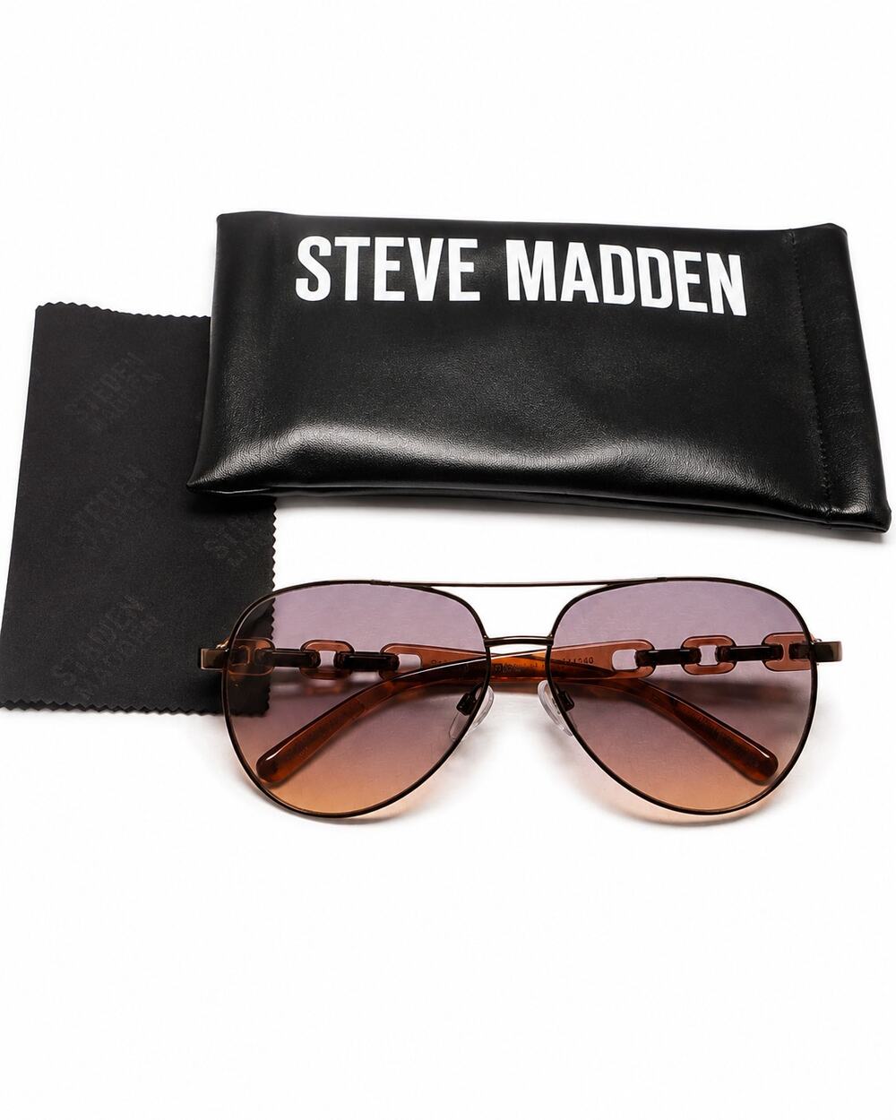 Steve Madden SUSANA Aviator Sunglasses Rose Gold Brown Gradient Chain Link 61mm